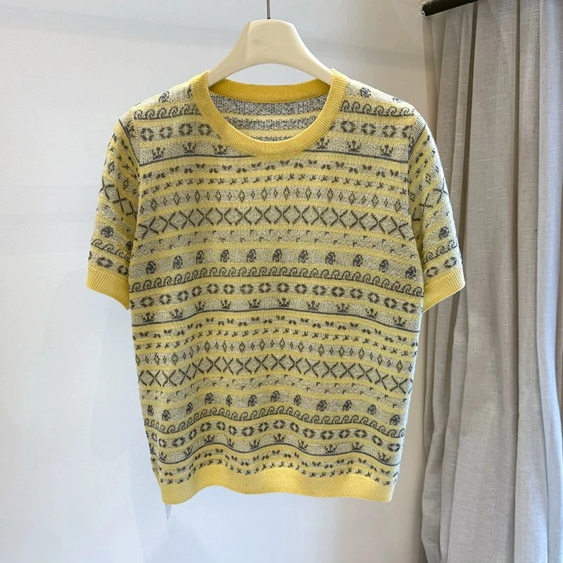 春夏新款复古黄色圆领针织衫
