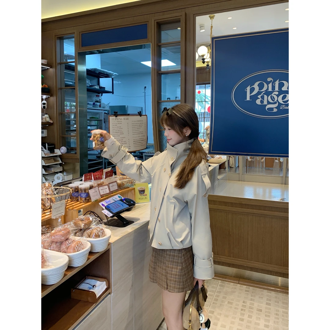 切糕自制【季风独白】小个子秋冬设计感立领英伦风双排扣短风衣外套