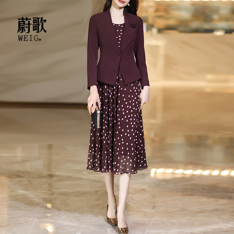 安可拉红套装2025春秋新款气质修身显瘦波点打底连衣裙两件套1771