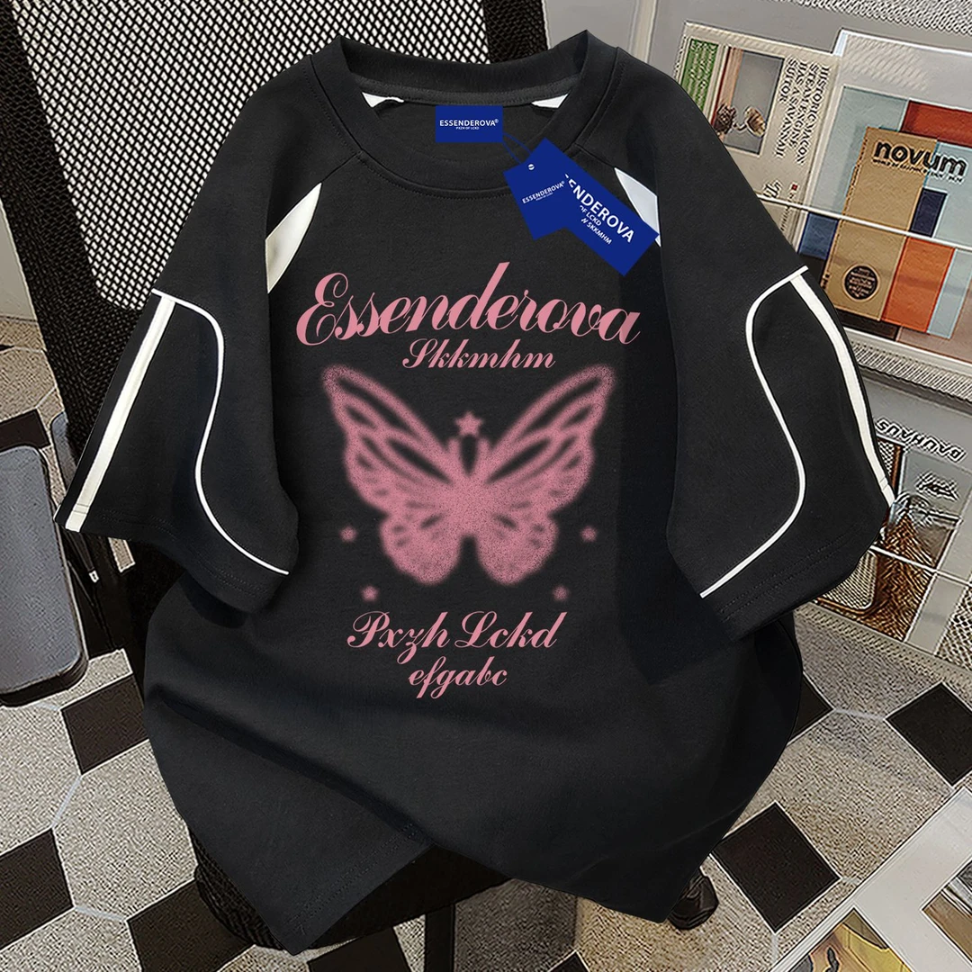 100%纯棉高级蝴蝶图案短袖t恤男女2025夏季爆款圆领可爱情侣上衣