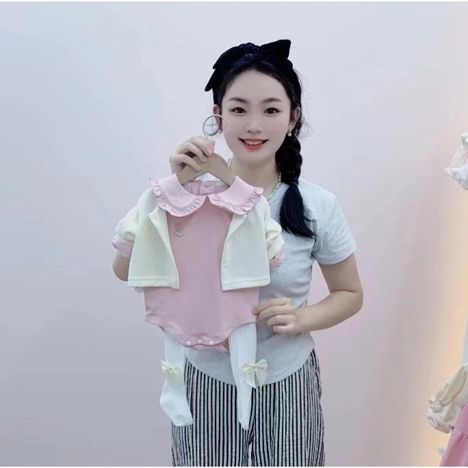 新款秋款真两件郁金香娃娃领外出服哈衣可爱洋气女宝宝婴儿长袖