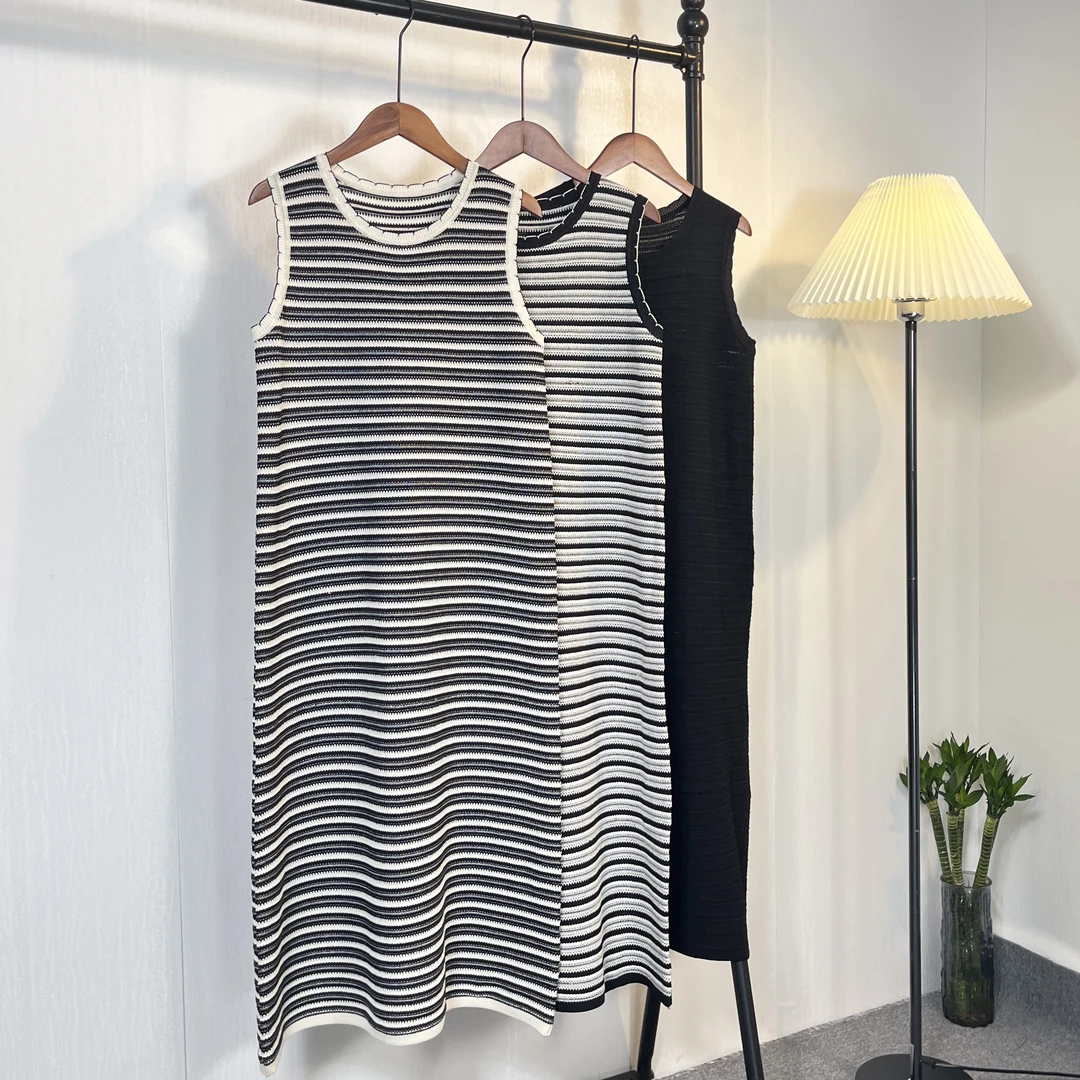 楠姐珊嫂家 针织长裙条纹无袖圆领纯色连衣裙气质休闲夏季女装