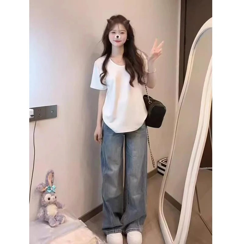 夏季v领正肩白色短袖T恤女宽松百搭慵懒松弛感显廋打底衫休闲上衣