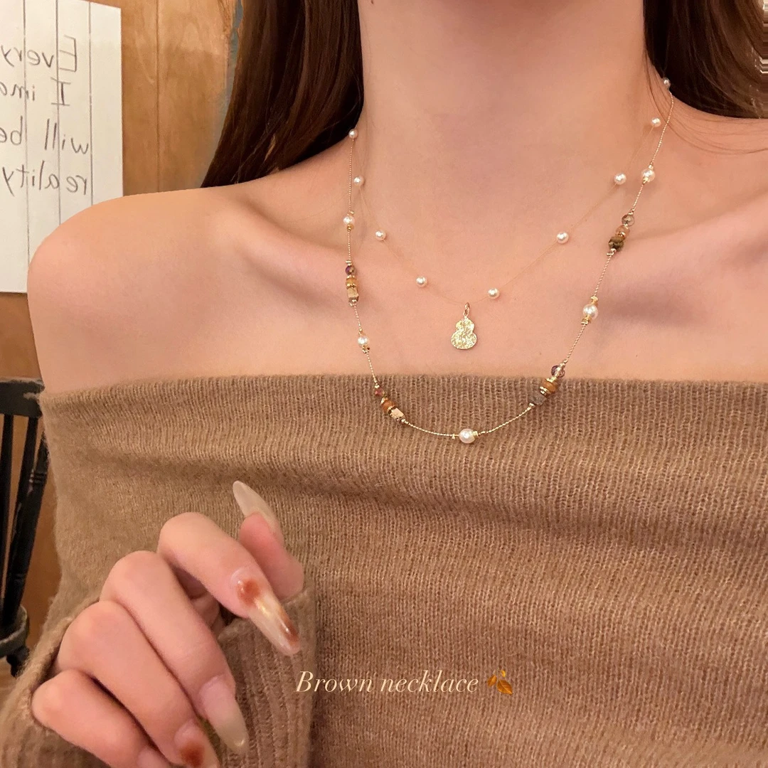 铜合金仿珍珠项链 复古集市 复古双层葫芦串珠项链秋冬时尚美拉德