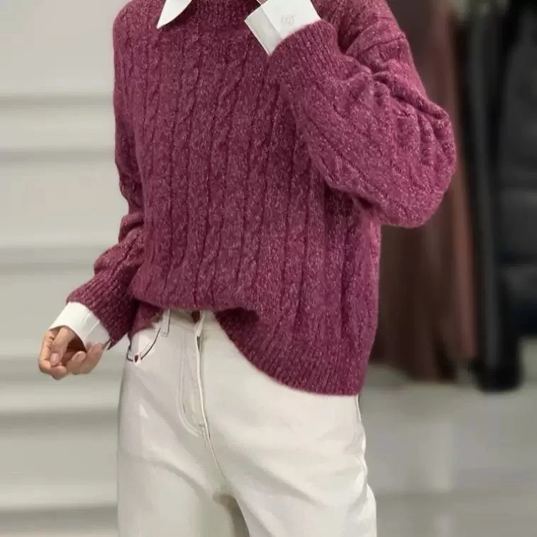 复古菱格麻花加厚圆领套头毛衣女8806冬季新款宽松简约针织衫上衣