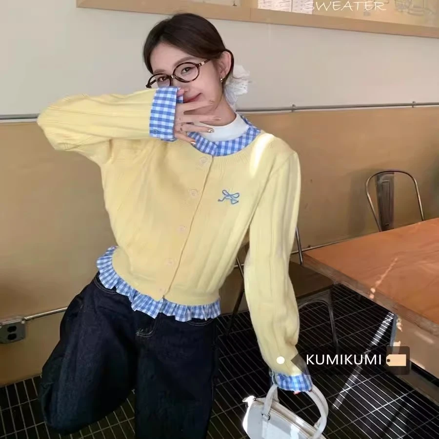 小众设计感撞色格子针织开衫女春秋假两件蝴蝶结刺绣独特漂亮小衫