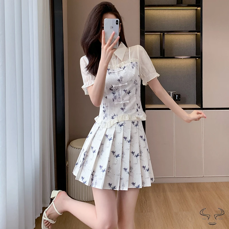 夏季国风改良裙新中式盘扣上衣百褶裙气质