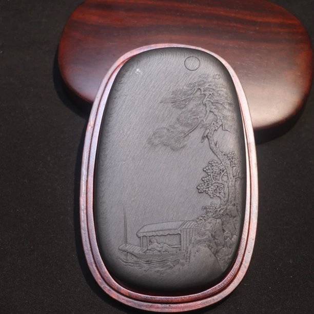水舷坑椭圆门字细水波歙砚老坑精品书法练习砚台13.1×8×1.5cm
