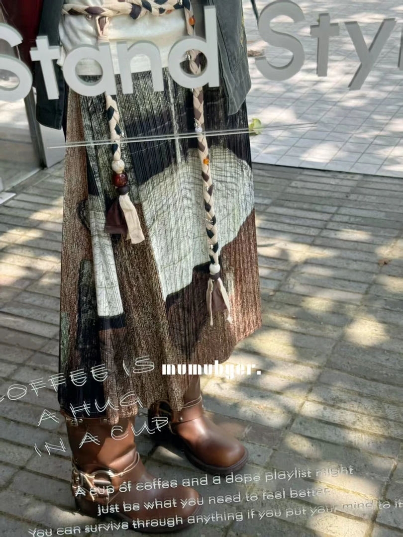 MUMUBYER •“古绘褶皱”A字摆中国风拼接褶褶半身裙