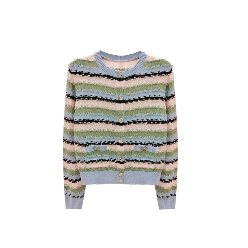 LRIS 印花女文艺厚款心形常规毛针织衫秋款条纹休闲开衫-2611