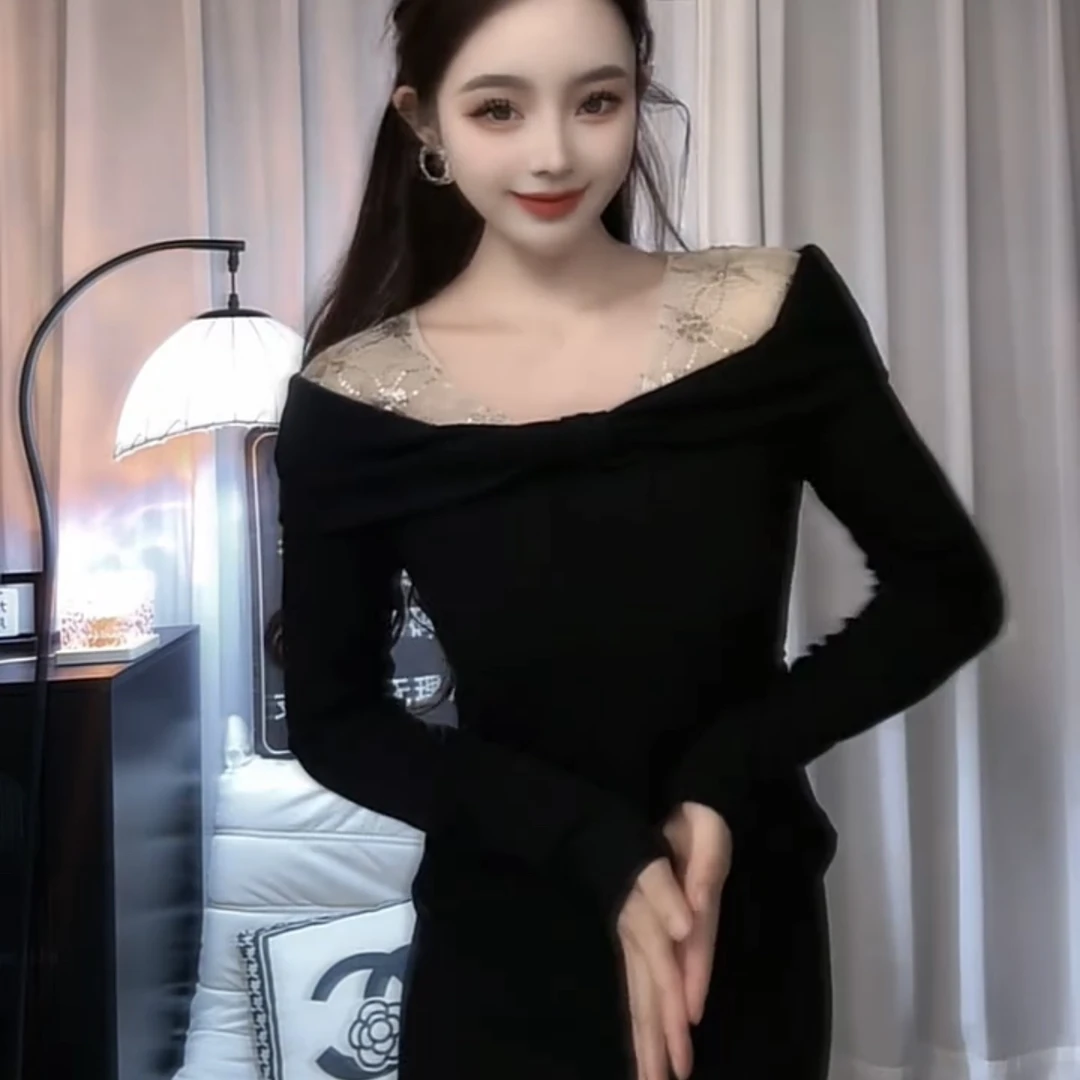 拼接蕾丝赫本风设计感气质显瘦加绒长袖秋冬小衫