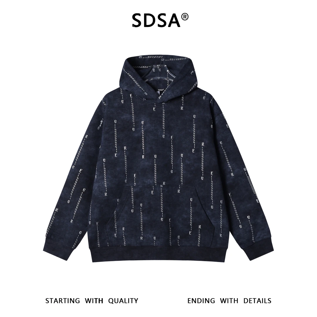 SDSA秋冬新款痞帅男装潮牌扎染滴胶字母连帽卫衣百搭宽松套头上衣