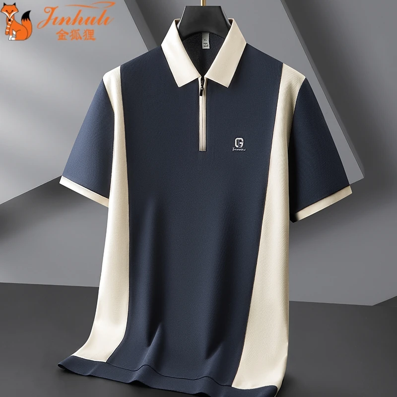 金狐狸加肥加大码半拉链男士短袖POLO衫夏季潮胖子宽松拼接薄款半