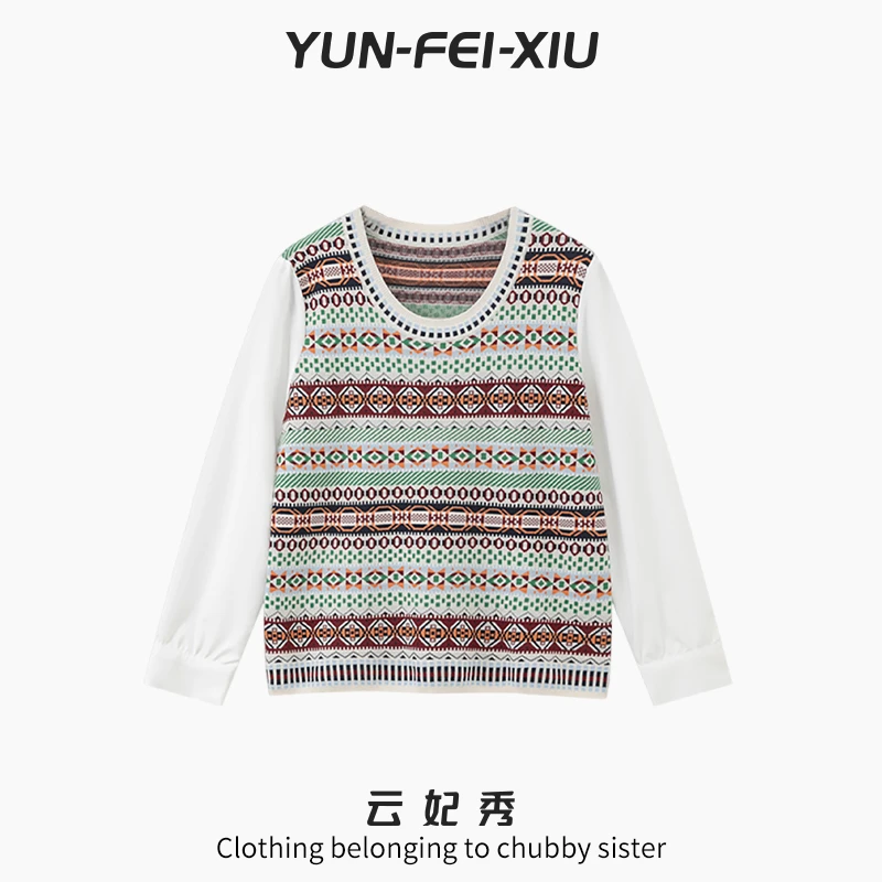 云妃秀大码女装针织衫圆领拼接上衣长袖微胖时尚通勤显瘦春22903