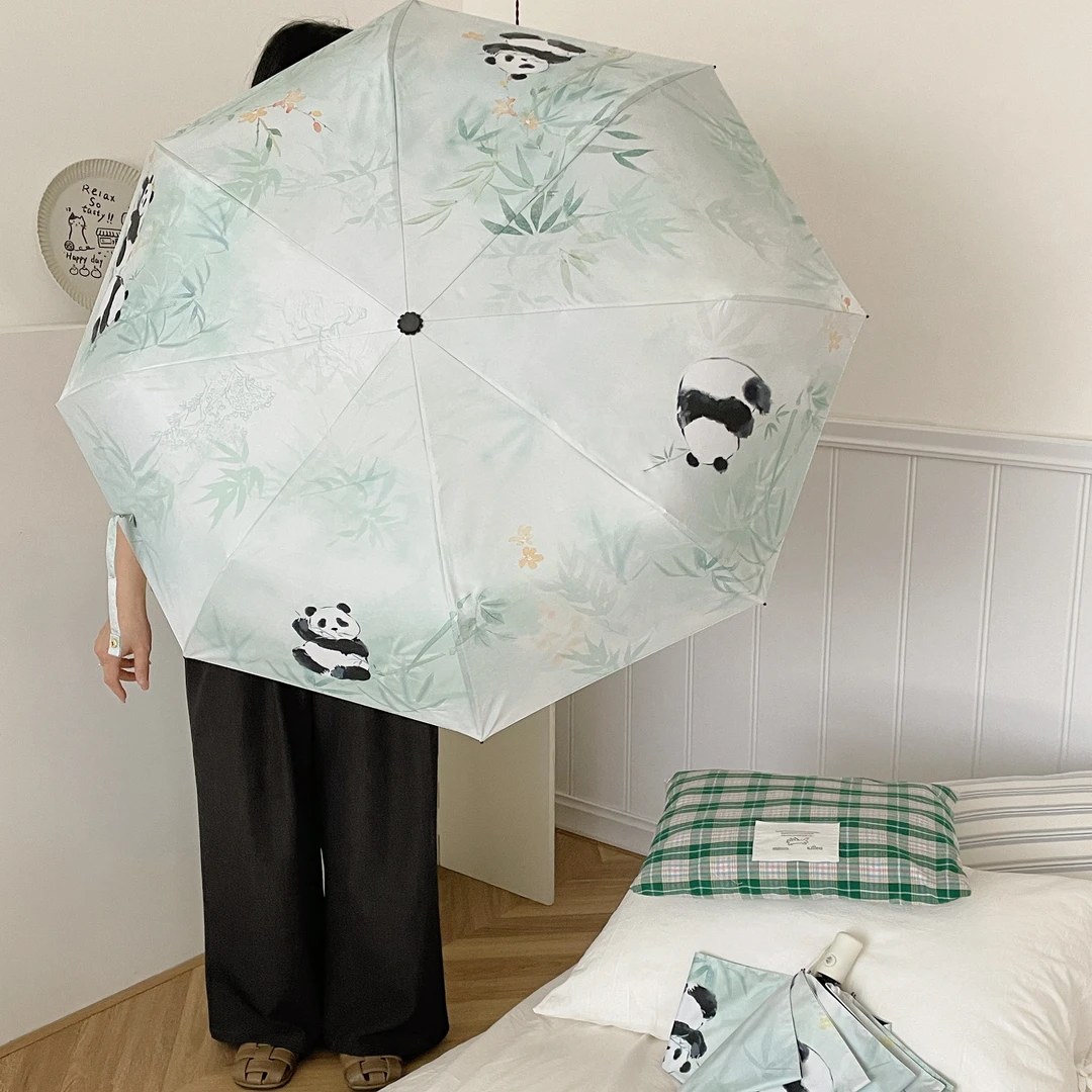 熊猫竹叶雨伞高颜值高级感太阳伞防紫外线简约手动伞可爱儿童女孩
