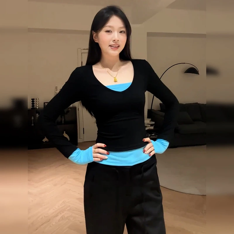 美式黑色撞色假两件上衣2025年新款早秋季打底内搭设计感T恤0101