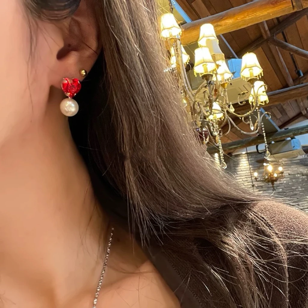 铜合金合成锆石耳饰 白领铜耳钉红色高级感超仙耳环饰品高端大气A