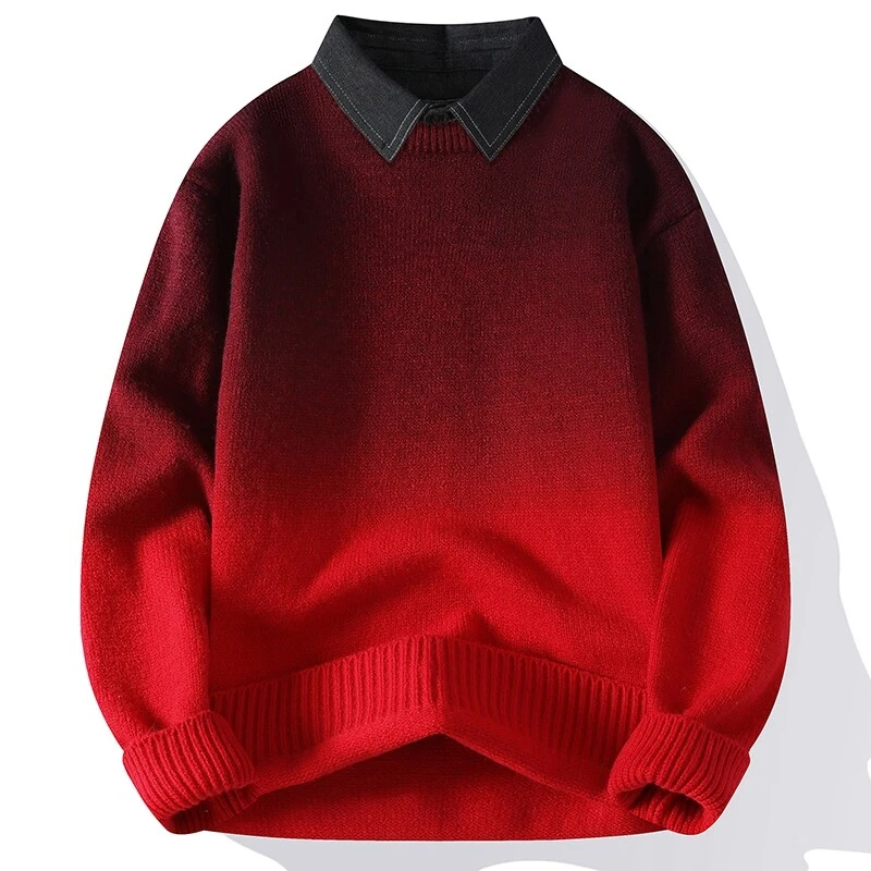 渐变色衬衫领红毛衣男秋冬2024新款青年宽松保暖假两件针织衫