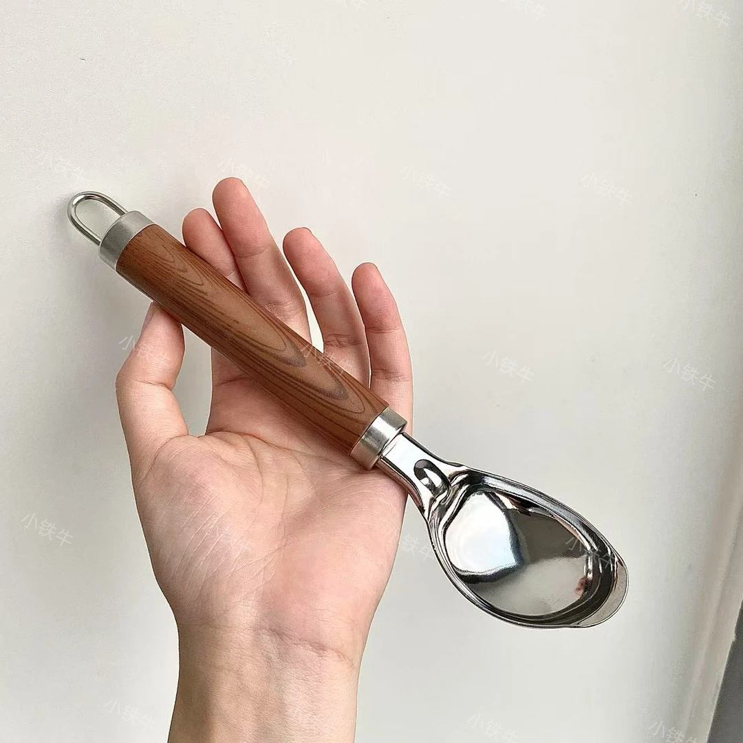 创意网红不锈钢仿木柄雪糕勺家用厨房甜品水果挖球勺两支装