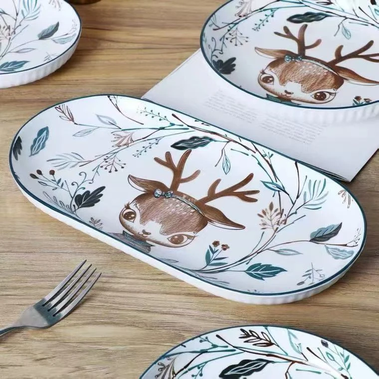 鱼盘子家用陶瓷蒸鱼盘子大号长盘子鱼碟子釉下彩鱼池新款餐具鱼盘