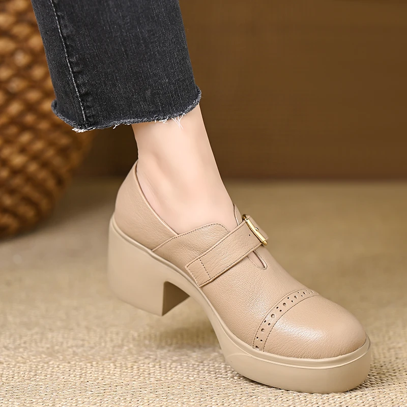 轩玥情6.5cm粗跟高跟鞋真皮深口单鞋春秋小个子增高厚底女士皮鞋