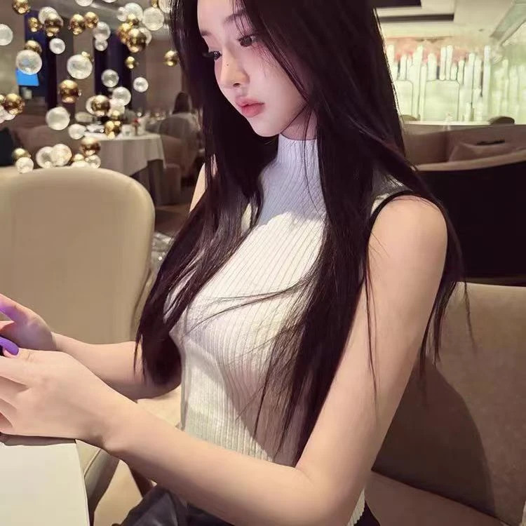 纯欲白色日韩修身通勤高领无袖针织背心百搭女上衣内搭外穿春夏款