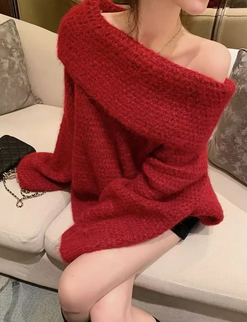 【FF】红色慵懒风宽松ins韩版冬季毛衣纯色洋气辣妹