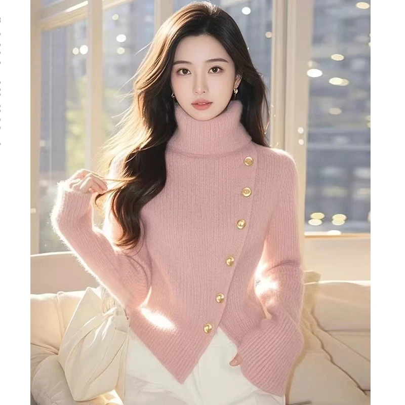 温柔风粉色高领长袖针织衫女冬季不规则软糯毛衣别致绝美套头小衫