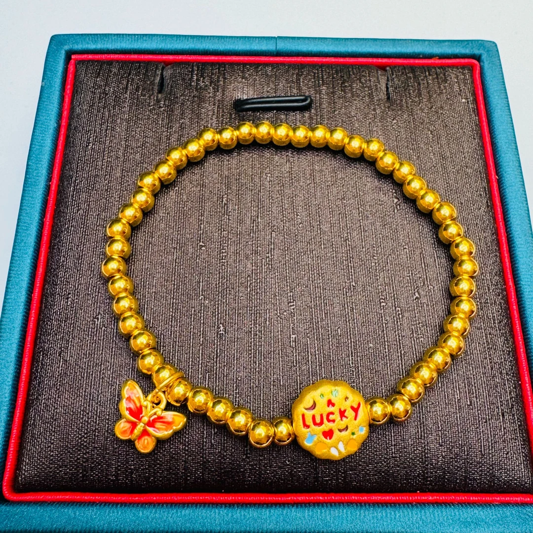 141#足金999 珐琅彩月饼蝴蝶金珠手串 卡4金珠48颗