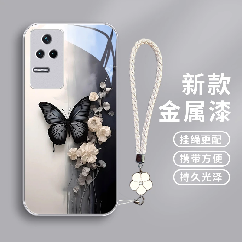 黑色蝴蝶适用小米红米k50手机壳K50pro玻璃壳k50至尊版女款k50ul