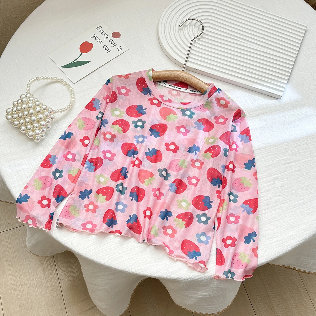 女童夏季防晒打底衫儿童多巴胺印花T恤新款网纱冰丝长袖皮肤衣