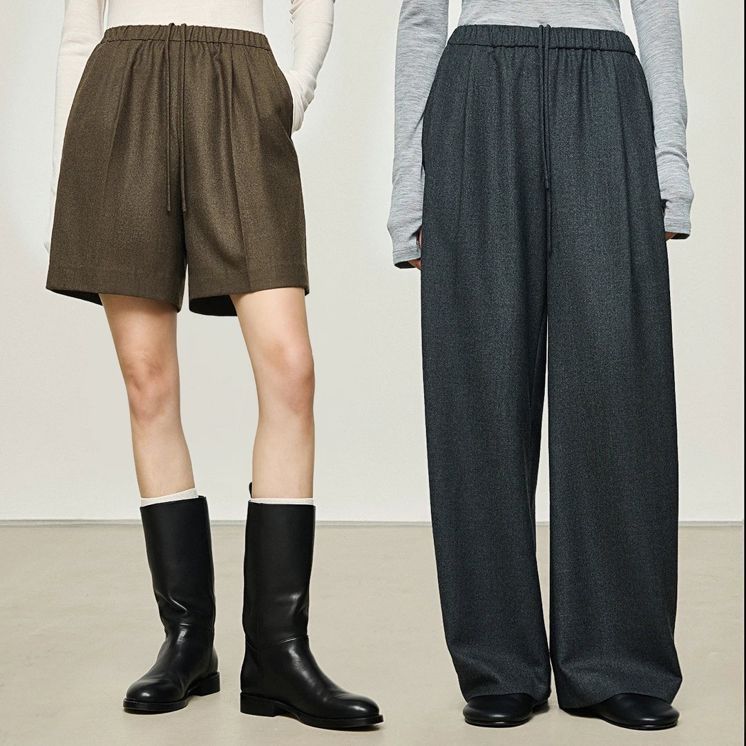 开间/定纺柔糯羊毛羊绒 时髦松弛松紧腰抽绳压褶短裤弧形长裤