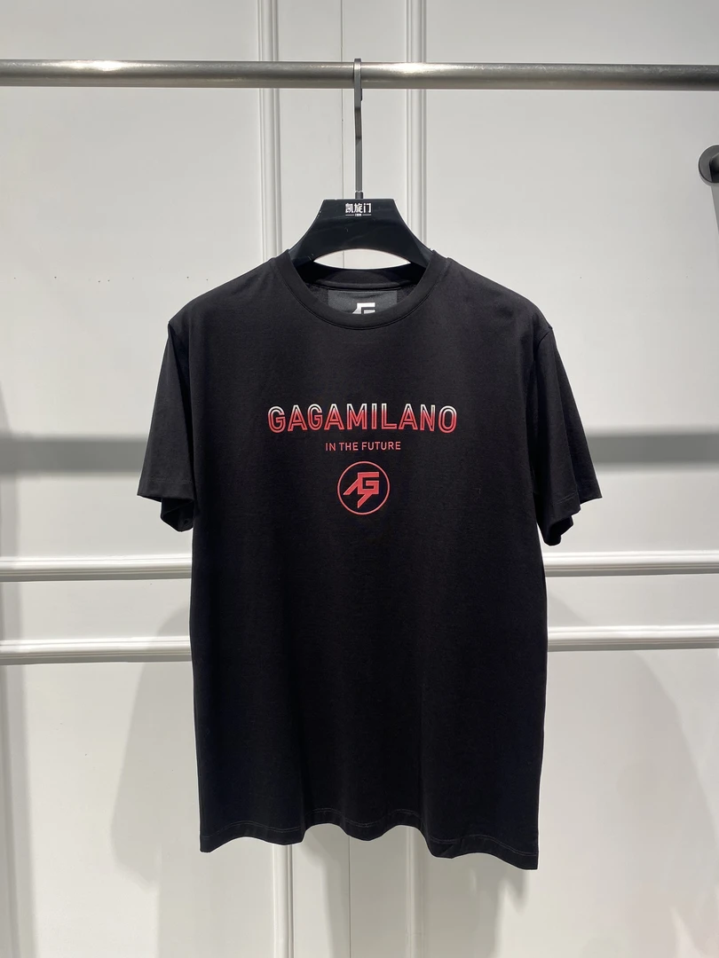 【意大利GaGa】夏季新款男士百搭字母印花休闲t恤衫黑色圆领短袖