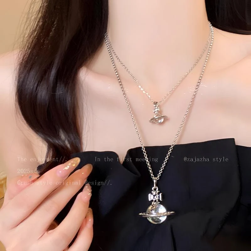 铜合金项链  立体土星吊坠项链女夏天双层叠戴长款毛衣链轻奢配饰
