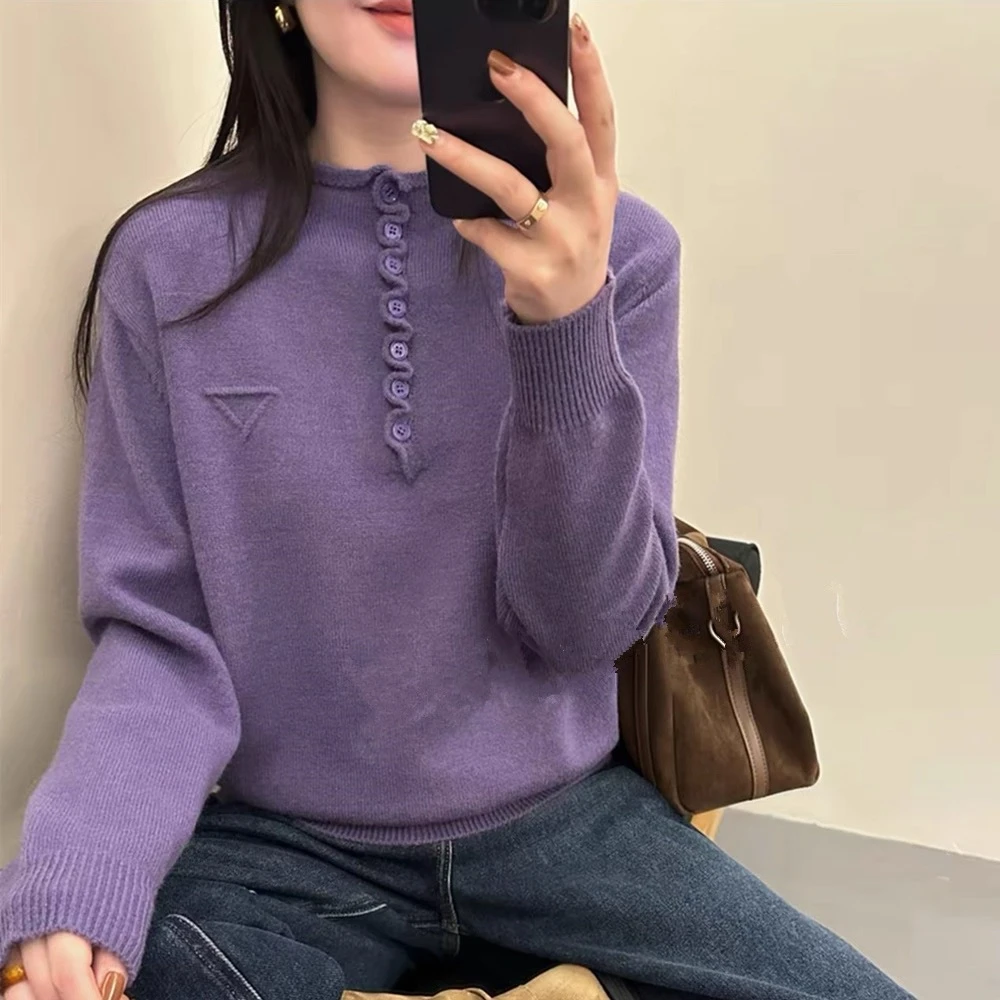 波浪木耳边多扣半高领精纺羊毛针织打底衫女立领百搭长袖毛衣秋冬