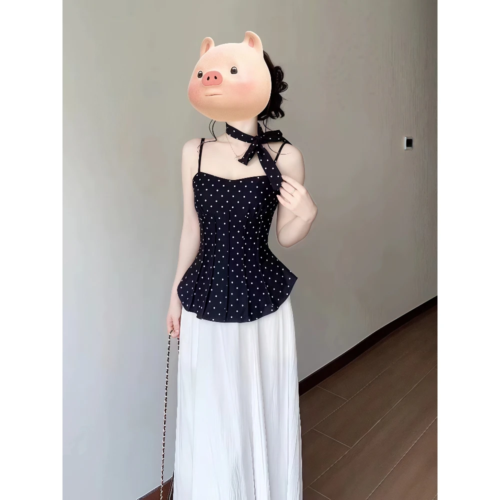 2025超火夏装一整套波点吊带梨型身材贵气感千金穿搭半身裙套装女