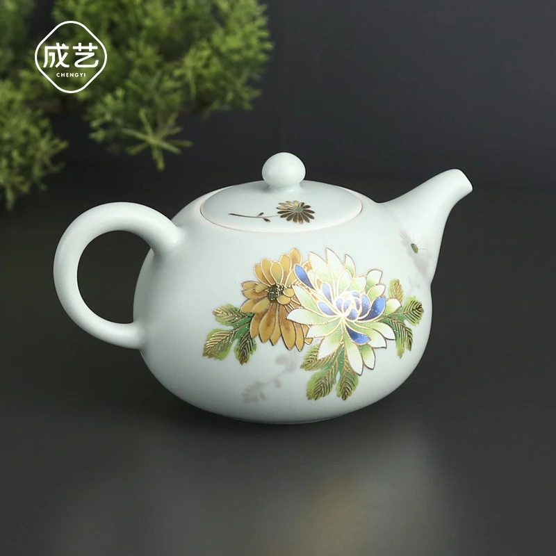 成艺汝窑趴花工艺描金茶清雅天青壶单壶茶具陶瓷泡茶壶复古家用