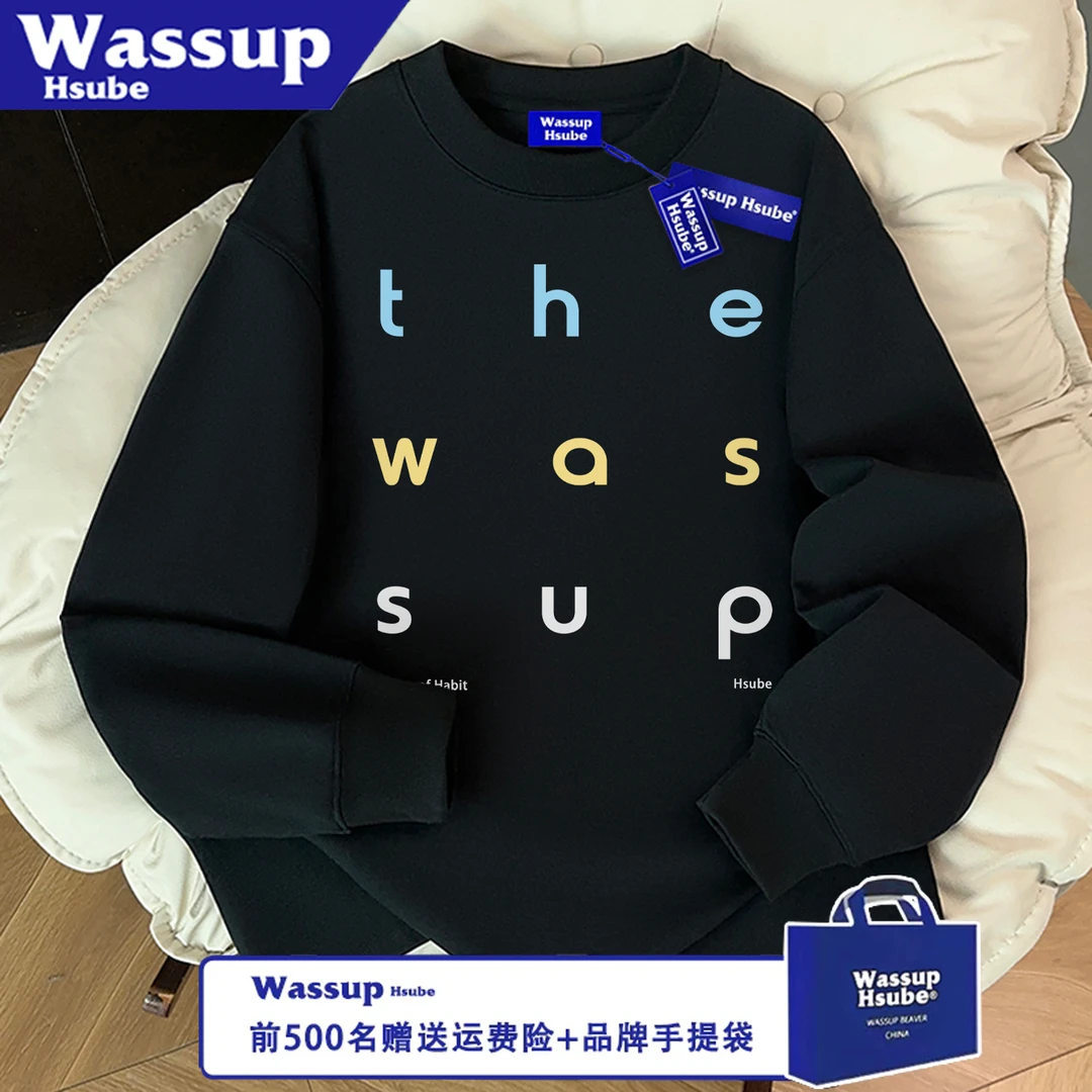 WASSUP HSUBE百搭美式艺术字母长袖秋冬圆领休闲宽松印花情侣上衣