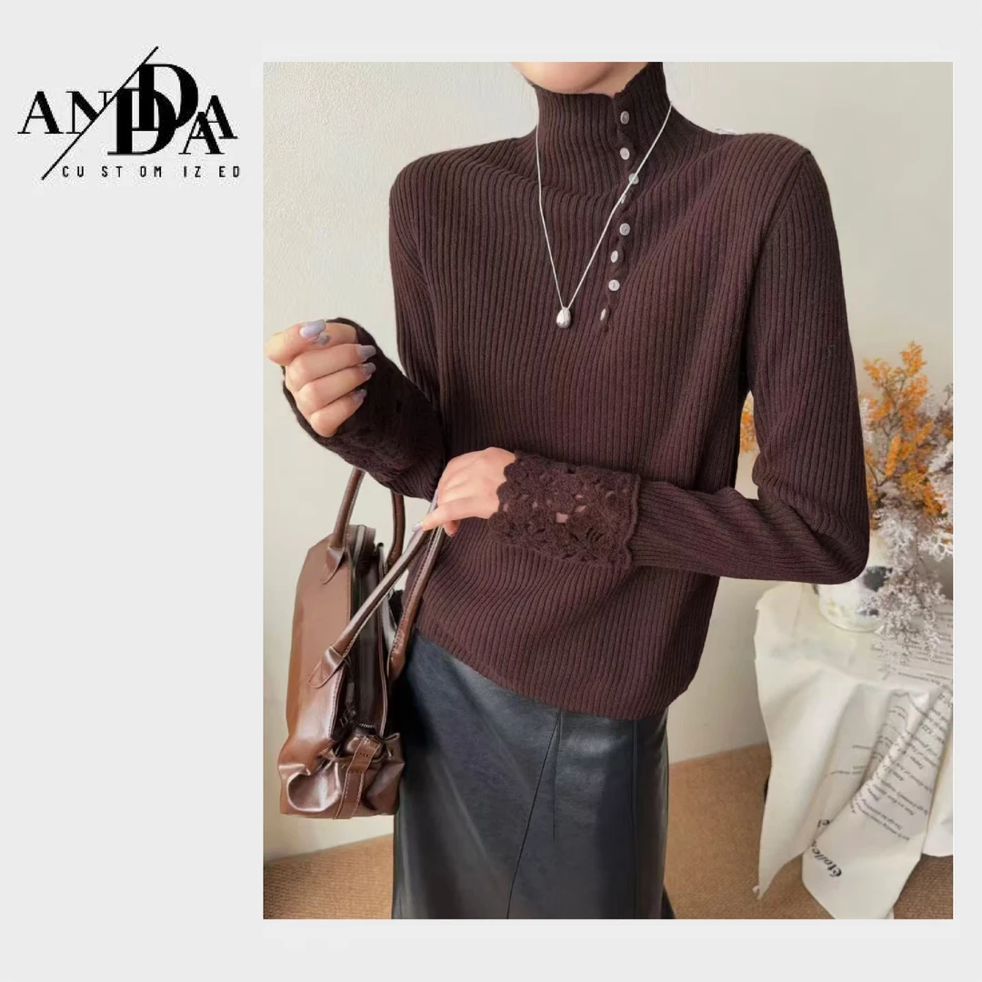 新款定制袖口钩花100羊毛修身显瘦打底针织毛衣
