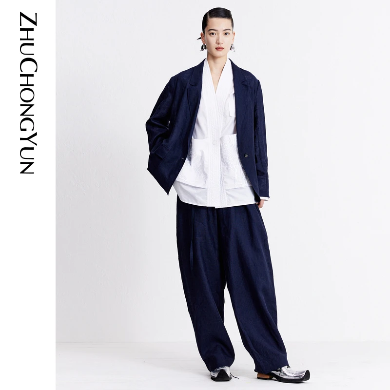 ZHUCHONGYUN2023秋新款亚麻薄透西装外套C1DE30043