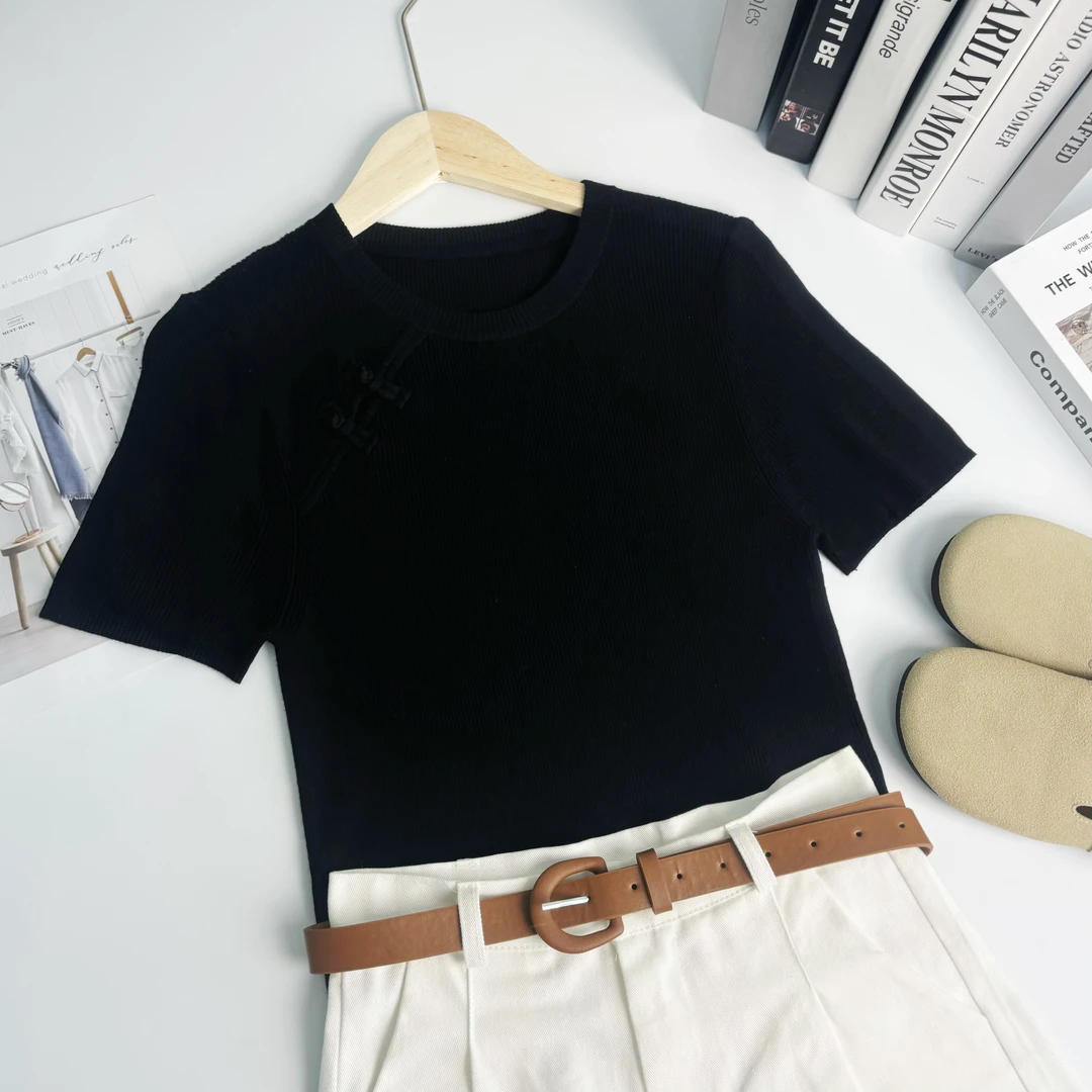 玲姐定制-圆领盘扣新中式修身短T恤百搭正肩针织短袖111920