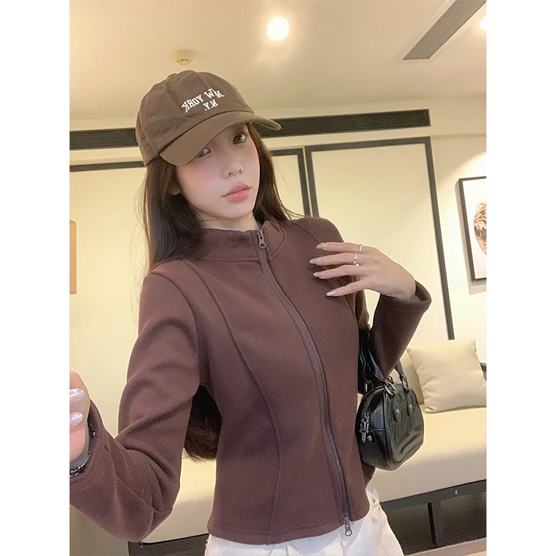 运动风休闲纯色立领拉链长袖外套女冬季短款修身显瘦气质百搭上衣
