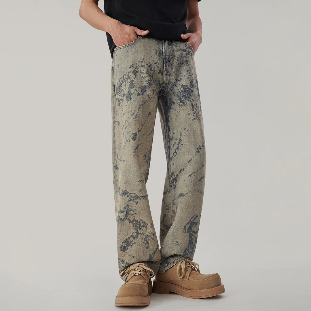 美式高街潮牌2025新款春季激光烧花牛仔裤男生宽松直筒阔腿裤潮流