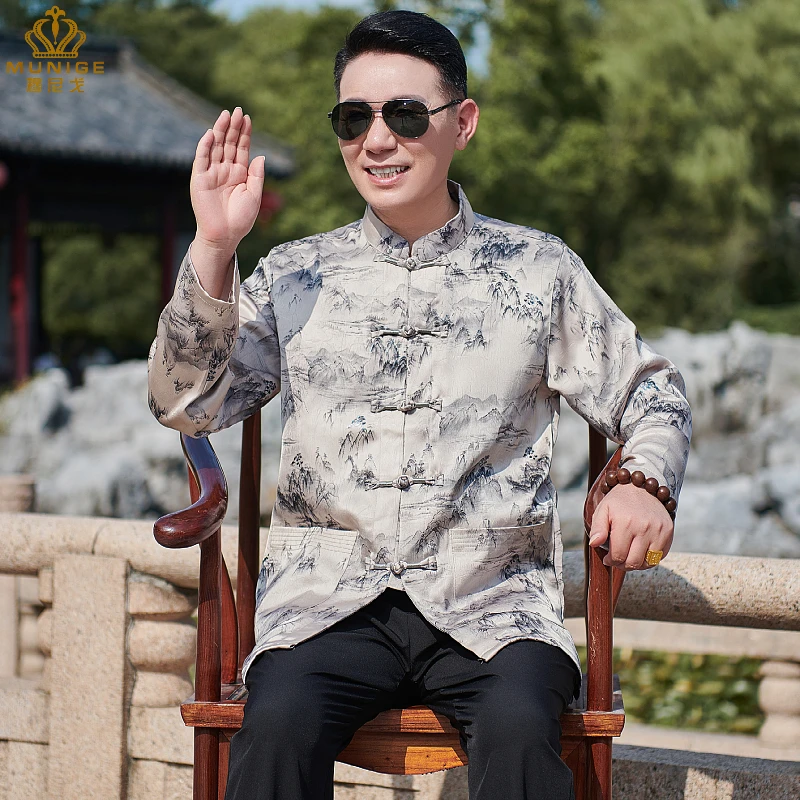 唐装男中老年爸爸春秋装长袖套装新中式国风衬衫宽松新款爷爷衣服