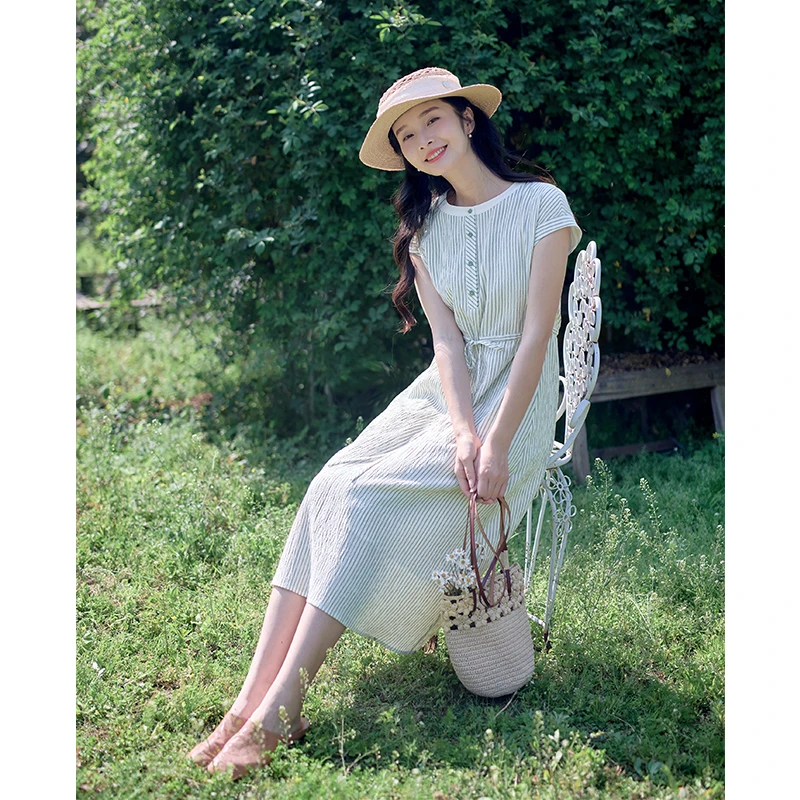 红念纯棉条纹显瘦连衣裙女短袖夏季2025年新款女装休闲通勤长裙子