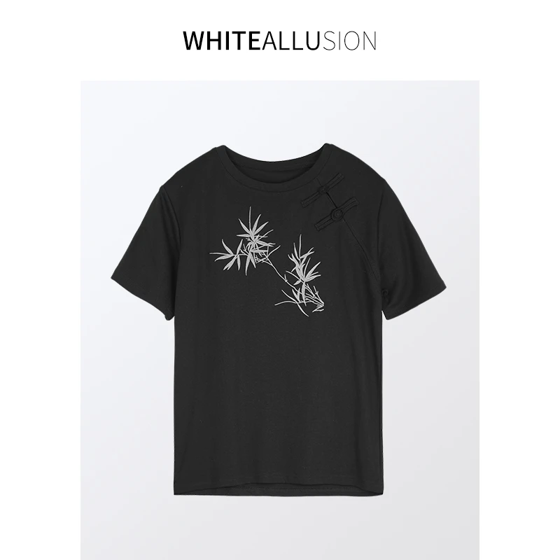 清仓【1787】中国风盘扣竹叶重工刺绣短袖T恤中式圆领上衣