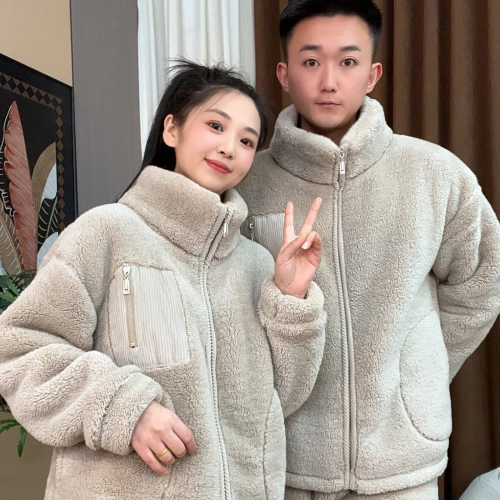 冬季新款双层复合加绒加厚零下-10℃可外穿情侣睡衣家居服