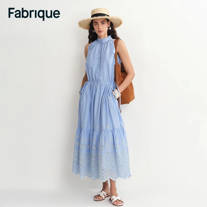 【Fabrique】 Irina冰河蓝重工刺绣纯棉可抽绳收腰无袖浪花