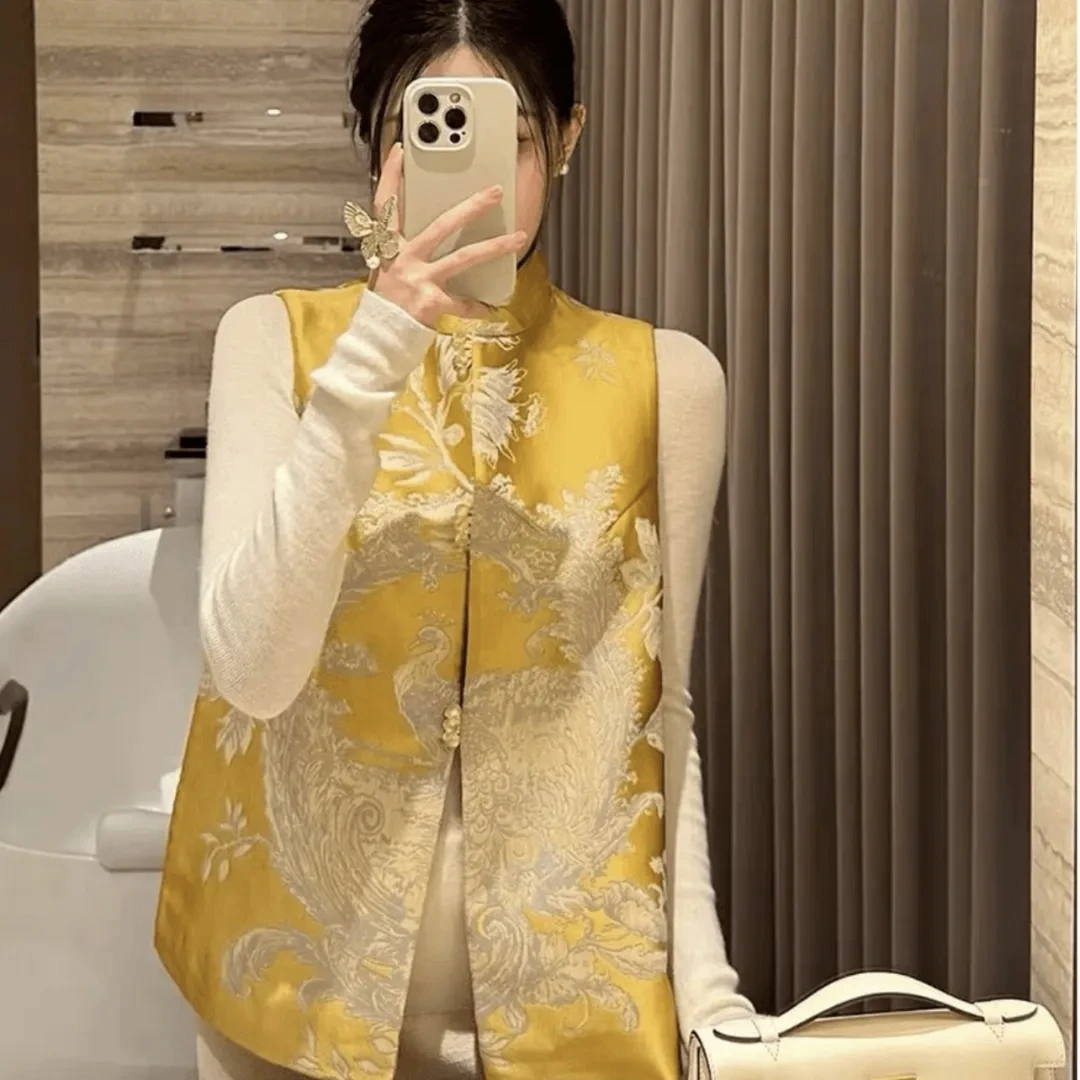 【忆年】孔雀东南飞国风刺绣马甲立领绣花宽松时尚无袖上衣女中国风