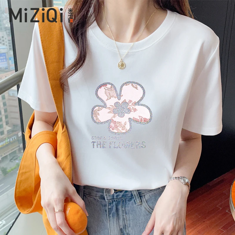 【仿钻印花】米子旗2025新款夏季宽松上衣纯棉短袖T恤女
